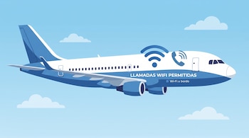 Ilustración de un avión blanco y azul en el cielo. Presenta iconos de Wi-Fi y teléfono, y los textos 'LLAMADAS WIFI PERMITIDAS' y 'Wi-Fi a bordo'.