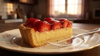 Porción de tarta con fresas y crema pastelera en un plato de porcelana con flores junto a un tenedor plateado sobre una mesa de madera.
