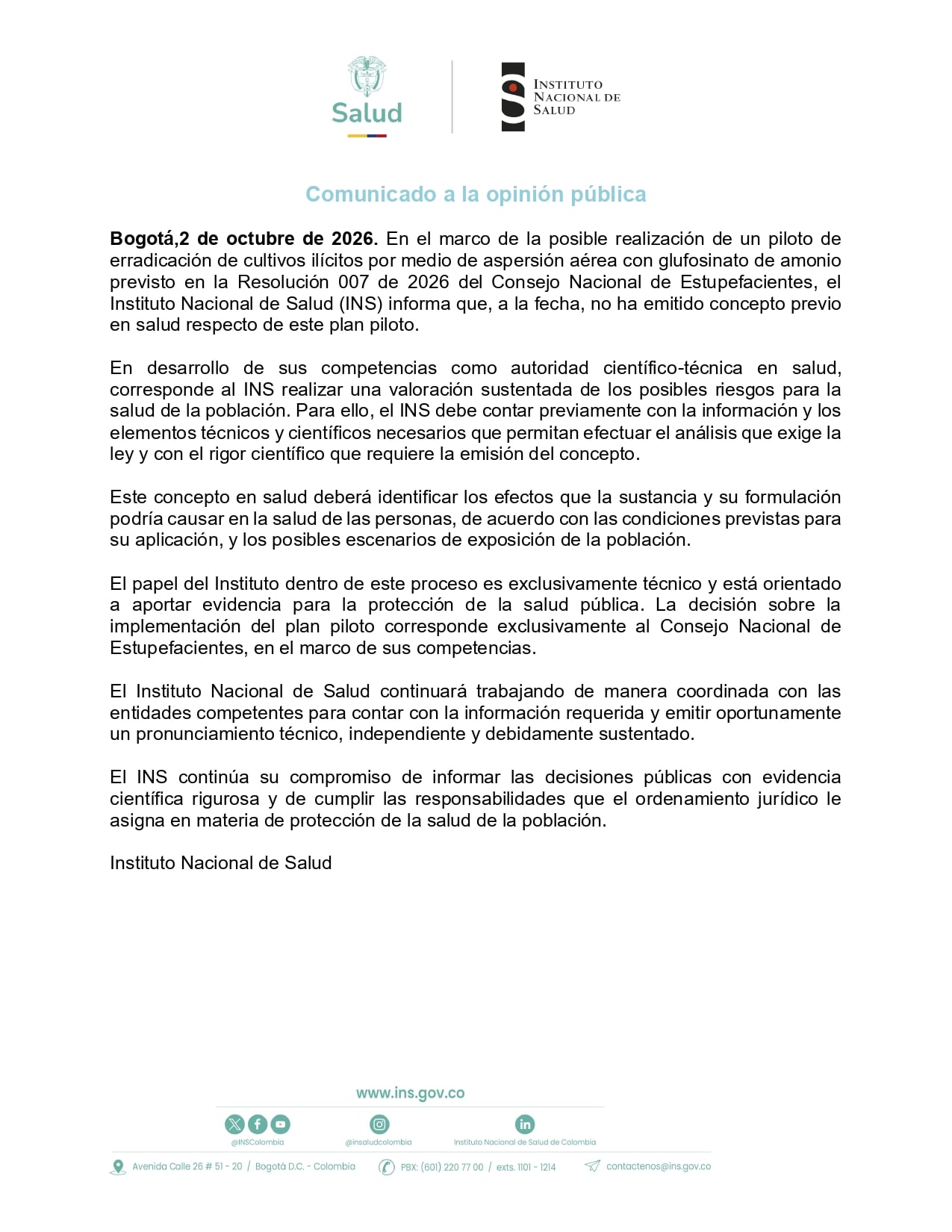 El INS aún no avala el piloto de aspersión con glufosinato de amonio - crédito Instituto Nacional de Salud