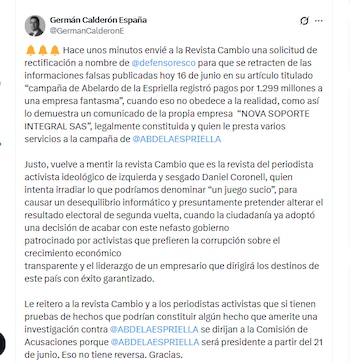 El abogado Germán Calderón España señaló a la revista Cambio de intentar alterar los resultados electorales de la segunda vuelta publicando presunta información falsa sobre el candidato Abelardo de la Espriella y su campaña - crédito @GermanCalderonE/X