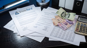 Documentos con logo Inverforx, tablas de cifras, firmas borrosas, billetes de pesos mexicanos de 200, 500 y 1000, y una calculadora sobre un escritorio.