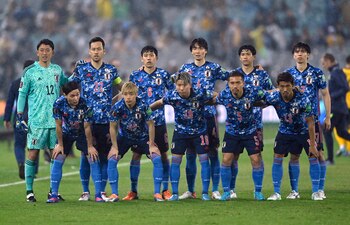 Soccer Football - World Cup - Asian Qualifiers - Group B - Australia v Japan - Stadium Australia, Sydney, Australia - March 24, 2022 Japan players pose for a team group photo before the match REUTERS/Jaimi Joy