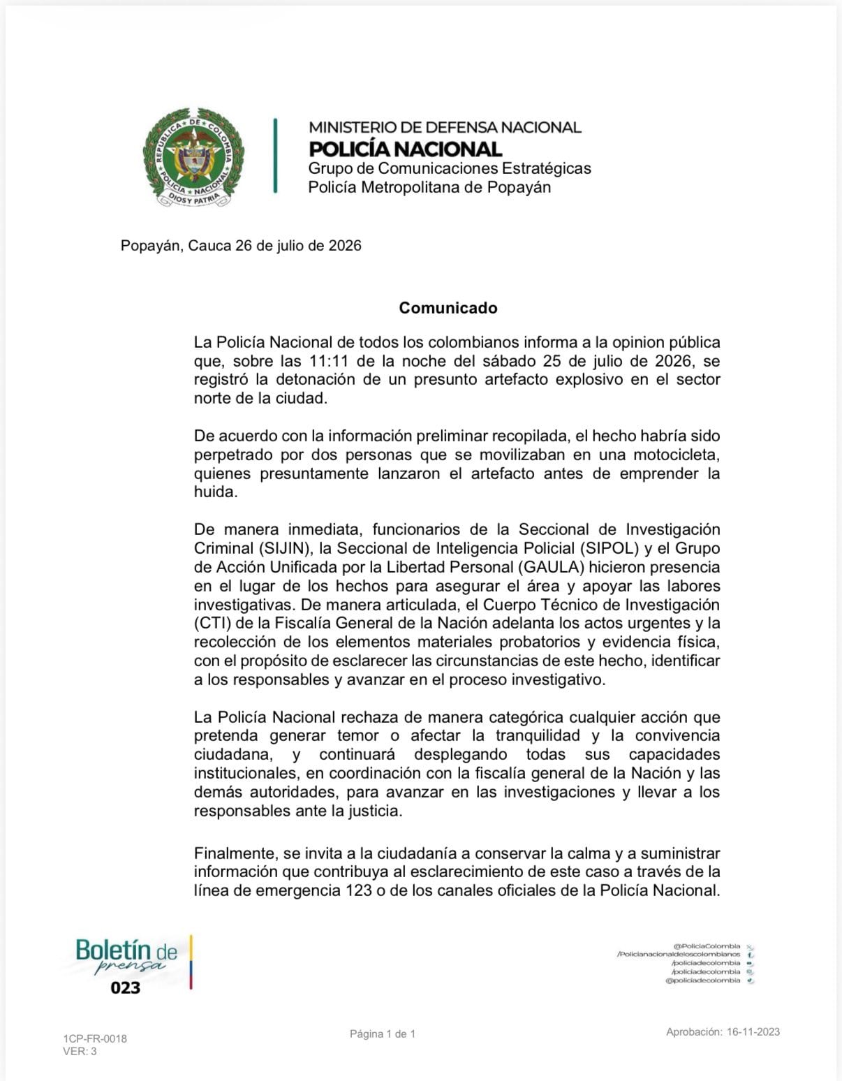 En el lugar del atentado con explosivo en Popayán aparecieron panfletos alusivos al ELN, cuya autenticidad es materia de verificación - crédito Policía Popayán