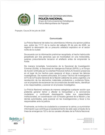 En el lugar del atentado con explosivo en Popayán aparecieron panfletos alusivos al ELN, cuya autenticidad es materia de verificación - crédito Policía Popayán
