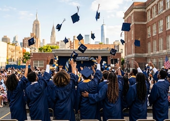 Graduados con togas azules lanzando birretes al aire durante una ceremonia al aire libre en Nueva York. Edificios de la ciudad y el cartel "CLASS OF 2033" visibles