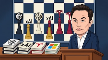 Caricatura de Elon Musk en estrado judicial, con documentos de OpenAI, xAI, Tesla y Microsoft. Al fondo, un tablero de ajedrez con piezas de empresas tech.
