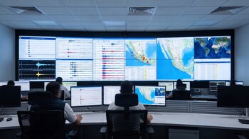 Sala de control con un gran muro de pantallas que exhiben mapas sísmicos y gráficos de ondas telúricas. Varios operadores están sentados frente a sus monitores de computadora.