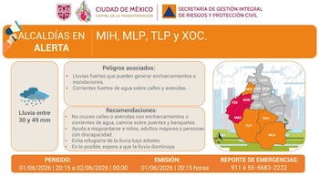 Un cartel informativo de la Secretaría de Gestión Integral de Riesgos y Protección Civil de CDMX sobre una alerta por lluvias fuertes, con un mapa de alcaldías