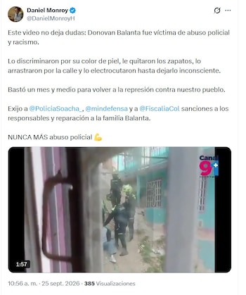 Para el representante a la Cámara por Bogotá Daniel Monroy (Pacto Histórico), Donovan Balanta Paz "fue víctima de abuso policial y racismo" - crédito @DanielMonroyH/X
