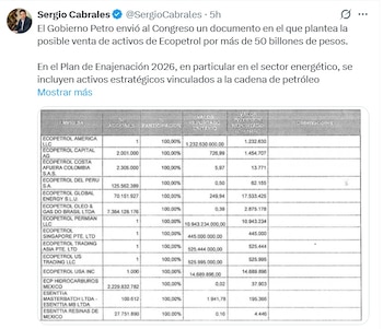 En el Plan de Enajenación 2026, en particular en el sector energético, se incluyen activos estratégicos vinculados a la cadena de petróleo y gas - crédito @SergioCabrales/X