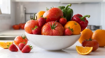 Un cuenco blanco contiene tomates, fresas, naranjas y pimientos con gotas de agua junto a trozos de fruta sobre una mesa blanca.