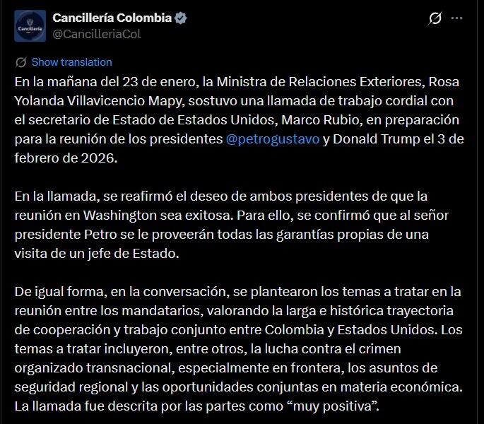 El intercambio telefónico previo a la cumbre presidencial pone de relieve la necesidad de mantener la coordinación en áreas críticas, subrayando el papel central de la cooperación en la agenda regional - crédito Cancillería de Colombia