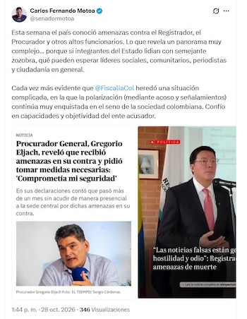 Carlos Fernando Motoa, congresista de Cambio Radical, pidió confiar en las capacidades y la objetividad de la Fiscalía para esclarecer los hechos (@senadormotoa/X)