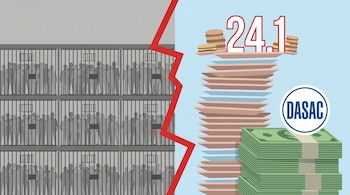 Ilustración de infografía dividida: izquierda, celdas de prisión con siluetas; derecha, pila de platos, el número 24.1 y fajos de billetes con logo DASAC. Línea roja zigzag central.