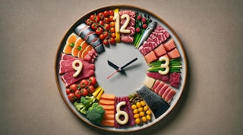 Reloj circular de alimentos con manecillas, mostrando segmentos de carne, pescado (salmón, atún), frutas (naranja, tomate) y vegetales (brócoli, cebolla verde).