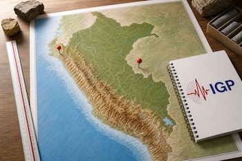 Mapa físico de Perú sobre una mesa de madera con dos alfileres rojos, una regla y un cuaderno con la marca IGP.