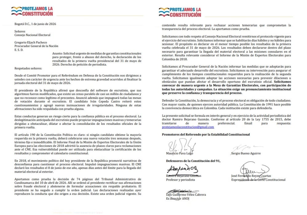 Esta fue la solicitud urgente de medidas de garantías constitucionales, del Comité Promotor para el Referéndum en Defensa de la Constitución, para que se proteja la declaración de los resultados de la primera vuelta - crédito suministrada a Infobae Colombia
