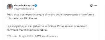 El analista Germán Ricaurte puso en duda la viabilidad política de una reforma tributaria de $20 billones durante el Gobierno de Abelardo de la Espriella - crédito @german_ricaurte/X