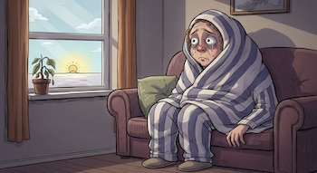 Caricatura de una persona envuelta en una manta a rayas, sentada en un sofá, mirando por una ventana. Afuera, el sol brilla; adentro, una planta marchita.