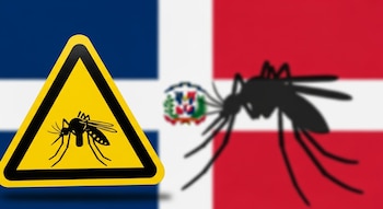 Señal de advertencia amarilla con símbolo de mosquito negro, sobre bandera de República Dominicana y silueta difusa de mosquito grande.