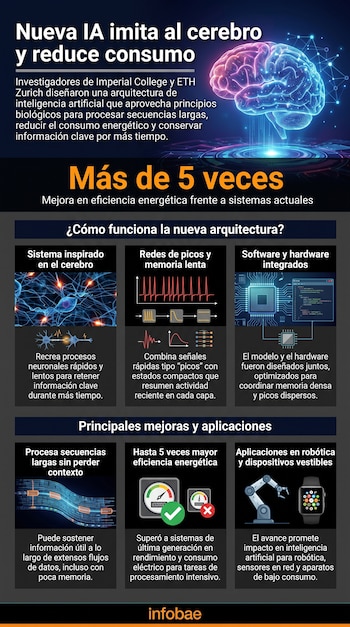Infografía con un cerebro, neuronas, gráficos de señales, una placa de circuito, un medidor de eficiencia, un brazo robótico y un reloj.