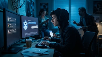 Un joven con sudadera negra y auriculares mira fijamente a dos monitores de computadora con luz azul, mostrando un chatbot y mensajes. Al fondo, personas borrosas.