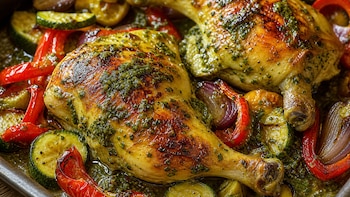 Pollo al horno con verduras y salsa verde: una receta jugosa, fácil y llena de sabor