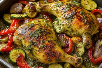 Dos muslos de pollo horneados cubiertos con salsa verde, acompañados de rodajas de calabacín, pimiento rojo y cebolla en una bandeja.