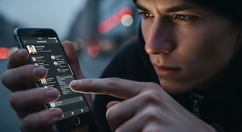Primer plano de un joven con capucha oscura mirando fijamente la pantalla de un smartphone, con el dedo índice derecho tocándola. La pantalla muestra perfiles con fotos.