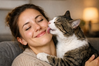 Primer plano de una mujer con los ojos cerrados sonriendo y un gato atigrado y blanco lamiéndole la mejilla, ambos en un interior.