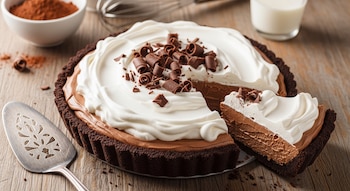 Un pay de chocolate con una rebanada cortada, cubierto con nata montada y virutas de chocolate, sobre una superficie de madera. En el fondo se ven cacao en polvo y un vaso de leche.