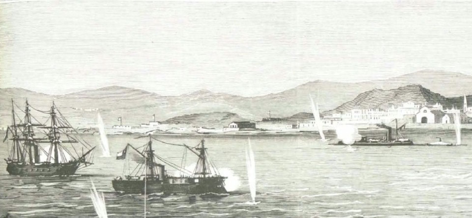 El bloqueo chileno al puerto de Arica derivó en un intercambio de fuego con baterías costeras y el Manco Cápac. (La ilustracion Española y Americana. Año XXIV. NUM XXII)