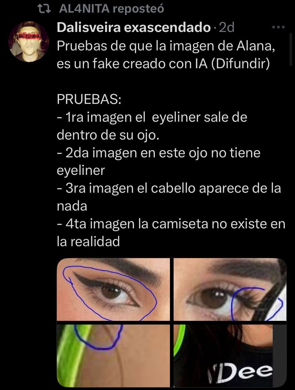 Las pruebas que compartió Alana Flores en su cuenta de X (captura de pantalla)