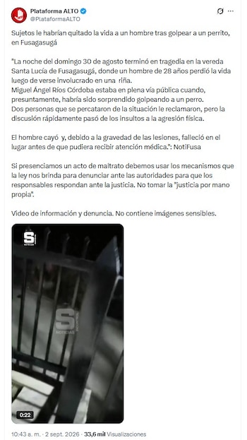 El caso se presentó el 30 de agosto de 2026, pero días después se hizo viral en redes sociales luego de la difusión del video en el que se observa el ataque que recibió la víctima por parte de tres hombres - crédito @PlataformaALTO/X