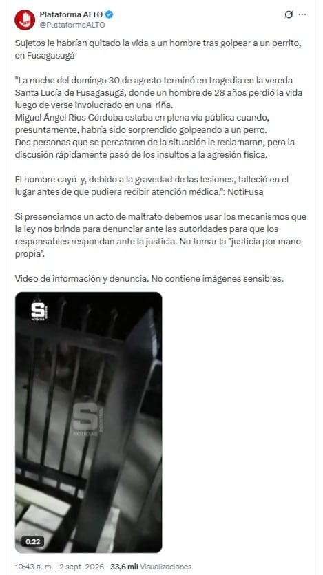 El caso se presentó el 30 de agosto de 2026, pero días después se hizo viral en redes sociales luego de la difusión del video en el que se observa el ataque que recibió la víctima por parte de tres hombres - crédito @PlataformaALTO/X