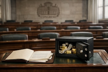 Salón vacío del Congreso con filas de escaños, un pupitre, una carpeta abierta con papeles y una caja fuerte con joyas y lingotes dorados. Emblema del Congreso al fondo.