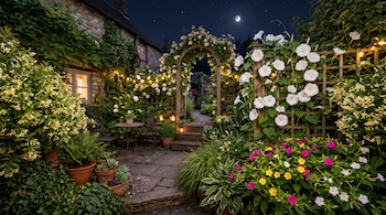 Patio empedrado con flores blancas y de colores, enrejado de madera, macetas, faroles encendidos y la luna en el cielo nocturno.