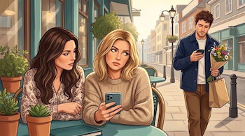 Ilustración de dos mujeres ante una mesa con macetas y un hombre que camina por la acera con flores y un teléfono en la mano