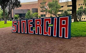 Letras volumétricas de color rojo con borde blanco y azul forman la palabra Sinergia en un área verde frente a un edificio