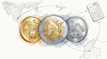 Ilustración de tres monedas: dorada con jaguar, plateada con futbolistas, bimetálica con monumentos mexicanos. De fondo, un mapa, avión y calculadora.