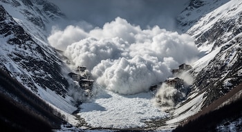 Una enorme avalancha de nieve, hielo y roca desciende por un valle montañoso, generando una gran nube de polvo blanco que envuelve casas cercanas.