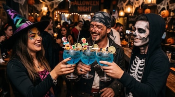 Tres personas con disfraces y maquillaje sostienen copas con bebida azul y golosinas en un local decorado con telarañas y calabazas.