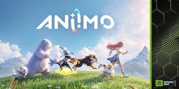 Ilustración con el título Aniimo, una mujer de cabello rosa y criaturas fantásticas en un campo, junto al logotipo de GeForce NOW