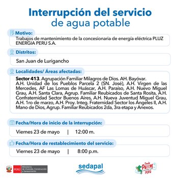 Corte será por ocho horas.