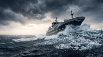 Un buque oscuro con letras amarillas que dicen SCIENTIFIC RESEARCH navega entre olas grandes bajo un cielo tormentoso.