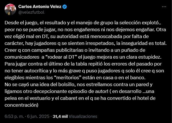Carlos Antonio Vélez atacó a Lorenzo y la selección Colombia por el juego ante Perú, y advirtió que hubo una pelea dentro del camerino - crédito @velezfutbol/X