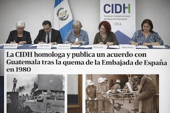 Cinco personas, incluido un hombre, firman documentos en una mesa. Detrás, una bandera de Guatemala y un logo de la CIDH. La imagen incluye un titular de prensa y fotografías antiguas.