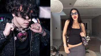 Un collage de dos fotos muestra a una persona con chaqueta oscura y colgante de corazón, y a una mujer con gafas, top negro y falda gris.