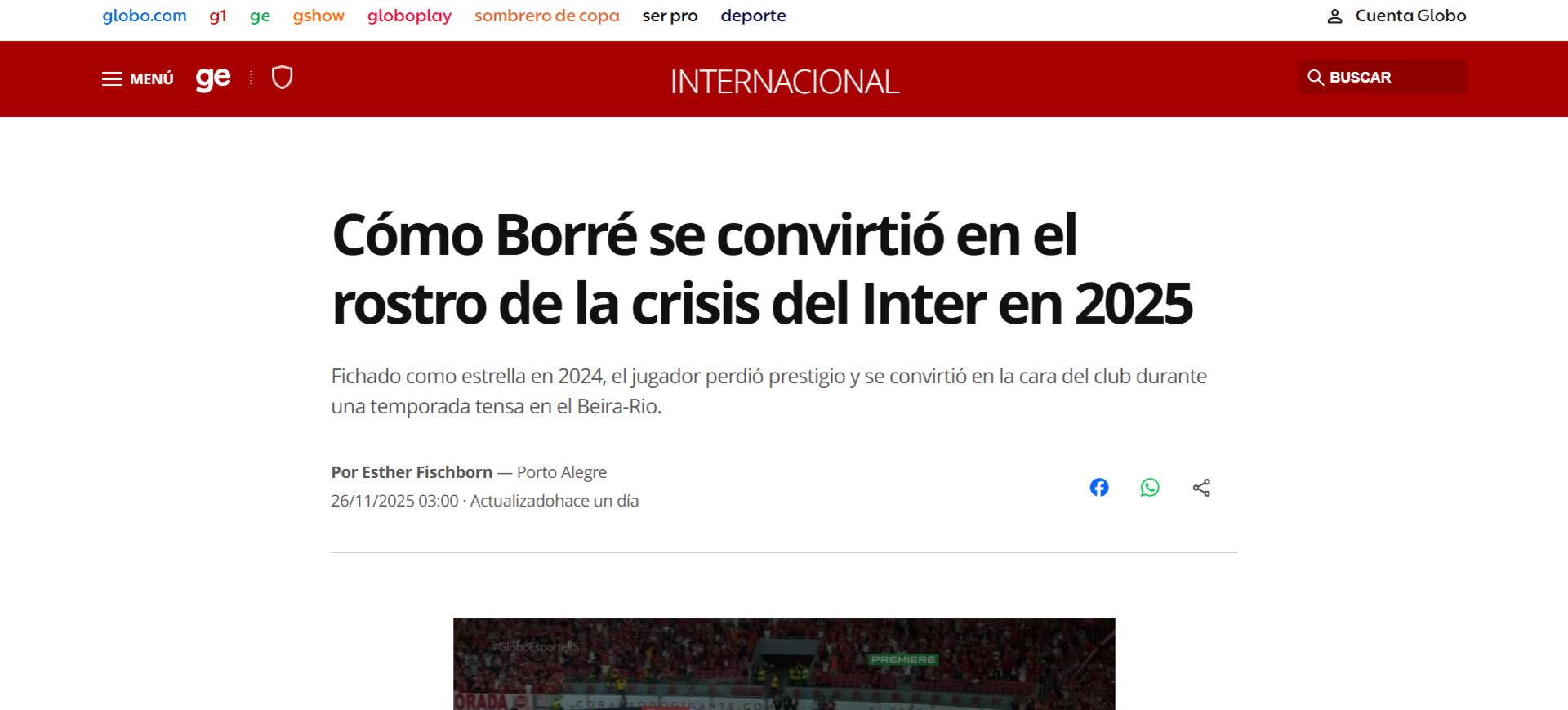 El rendimiento del delantero barranquillero en el equipo colorado, no ha sido el esperado, tanto que la prensa pone en duda su rendimiento - crédito Globo Esporte