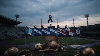 Banderas de América Central con lazos negros, una placa de madera con el texto En Memoria y balones deportivos en un estadio vacío.